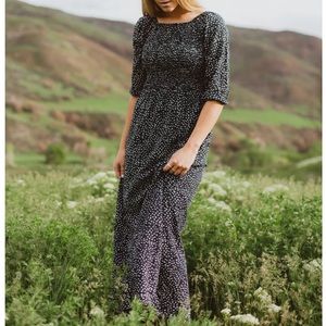 Navy blue smocked dot maxi dress